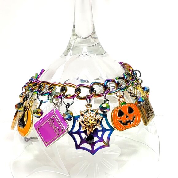 Halloween Charm Bracelet, Pumpkins, Ghost, Spider Webs, Cat, Spell Book - Picture 9 of 10